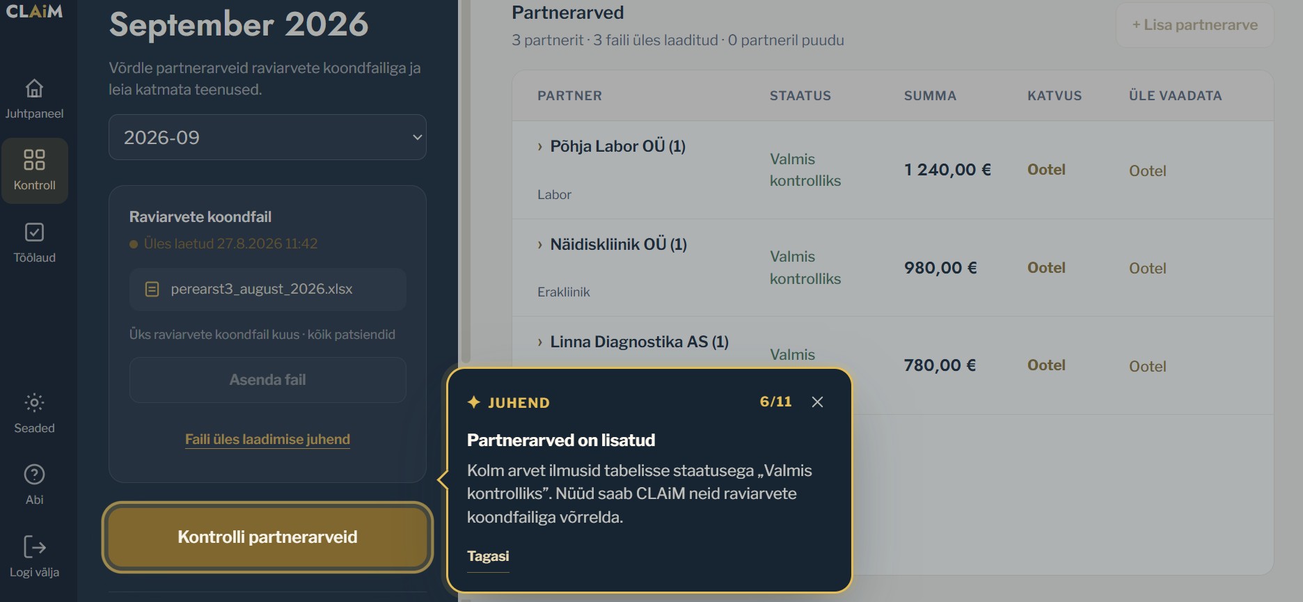 Partnerarvete kontrollivaade koos kattestatistikaga