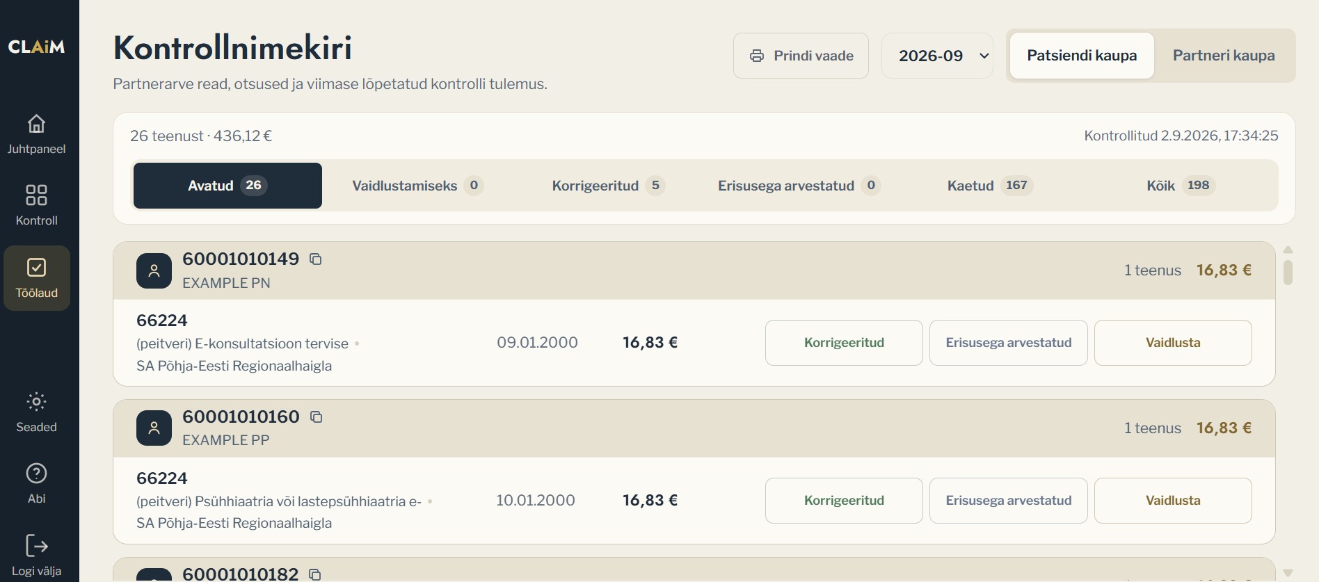 Kontrollnimekiri, kus näidatakse katteta ja kontrollitud arveridasid